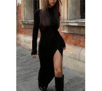 Abito lungo da donna con collo alto arricciato, design elegante e snellente con torsione, abito casual versatile a maniche lunghe adatto per feste, lavoro, vestibilità perfetta L,M,S,XL,XSColore unico