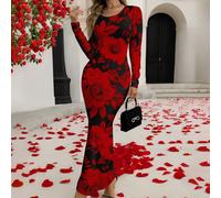 Abito lungo da donna con maniche lunghe, collo tondo, elegante, con stampa floreale su tutto il capo, per vacanze, inverno, collezione di abbigliamento chic e di stile SHEIN X Glamance SHEIN X potenzi