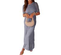 Abito Lungo da Donna con Occhielli, Maniche Corte, Perfetto per la Spiaggia, Casual e svolazzante, Ideale per Le Vacanze estive o Come Resort, Colore Grigio, Taglia 3XL.