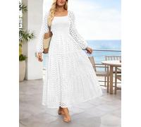 Abito lungo da donna con occhielli scavati fuori a maniche lunghe con scollo quadrato in pizzo floreale fluente una linea primaverile abiti per gli ospiti di nozze