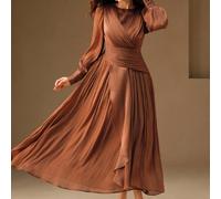 Abito lungo da donna con scollo a croce, orlo con volant, maniche lunghe a palloncino plissettate, abito da sera elegante e dignitoso L,M,S,XLColore unicoTessuto intrecciato