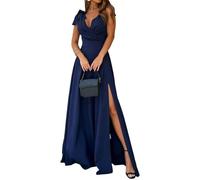 Abito Lungo da Donna con Scollo a V e Spacco Alto, Abito Formale da Sera Senza Maniche, Elegante per invitata a Un Matrimonio, Blu Navy, Taglia Piccola