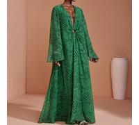 Abito lungo da donna con scollo a V, maniche lunghe e anello, per vacanze estive SHEIN X JIAN LASALA SHEIN X potenzia la creatività fornendo a stilisti, artisti e marchi un accesso senza precedenti al