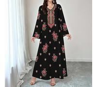 Abito lungo da donna con scollo a V, maniche lunghe e orlo a campana, elegante e confortevole, con stampa floreale delicata, abito conservativo, in materiale di poliestere, adatto per casa, uscite, va