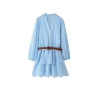 Abito lungo da donna con scollo a V, maniche lunghe, vestibilità aderente, con cintura, blu cielo, M