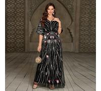 Abito lungo da donna con scollo a V, motivo floreale, decorato con paillettes, ricamo e perline, in vita alta, maniche raglan, stile arabesco L,M,S,XLBlocchi di colore,Piante,stampa dappertuttoTessuto