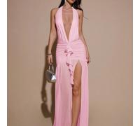 Abito lungo da donna con scollo a V profondo, collo all'americana, aderente, arricciato, in rete, rosa chiaro, estivo, anni '70, festa disco, serata di festa, elegante abito da cocktail formale con sp