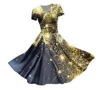 Abito lungo da donna con scollo a V stampato unico manica corta, giallo., L