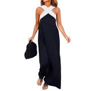 Abito Lungo da Donna con Scollo all'Americana, Modello Casual e svolazzante, Perfetto per la Spiaggia e Le Vacanze, Nero con Dettagli Bianchi, Taglia XXL.