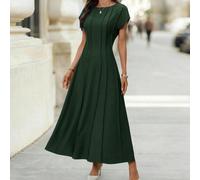 Abito lungo da donna con scollo rotondo, maniche corte a cappuccio, vita valorizzata, verde scuro, elegante e casual, adatto per il pendolarismo e l'ufficio, per l'inizio dell'estate L,M,S,XL,XS,XXSCo