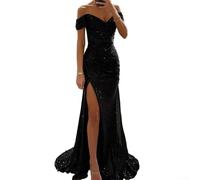 Abito lungo da donna con spalle scoperte, elegante, maxi paillettes, sottile con spacco, scollo a V, sexy, per eventi serali, maxi abito con paillettes scintillanti e scollo a V con spalle scoperte (M