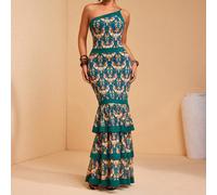 Abito lungo da donna con stampa asimmetrica a blocchi di colore, in rete, con volant a strati e senza maniche SHEIN X JIAN LASALA SHEIN X potenzia la creatività fornendo a stilisti, artisti e marchi u