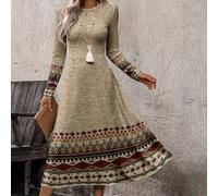 Abito lungo da donna con stampa bohémien, adatto per autunno/inverno, adatto per uscite, pendolarismo, appuntamenti, romantico ed elegante, abbigliamento da festa, chic L,M,S,XL,XSGeometrico,GraficoTe