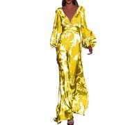 Abito lungo da donna con stampa floreale, abito da sera a maniche lunghe, abito bohémien, da donna, con scollo a V, grande e elegante, maxi abiti casual da sera, cocktail e cerimonia