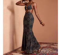 Abito lungo da donna con stampa integrale, spalline a spaghetti, decorazioni in metallo dorato e tagli, aderente, adatto per feste e matrimoni SHEIN X JIAN LASALA SHEIN X potenzia la creatività fornen