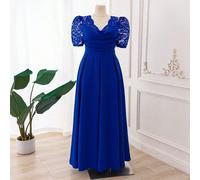 Abito lungo da donna curvy e taglie forti, romantico ed elegante, con scollo a V, in pizzo, vita svasata, colore blu navy, abito da cocktail, abito da sera formale 0XL,1XL,2XL,3XL,4XLColore unicoTessu