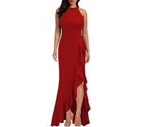 Abito lungo da donna elegante con orlo a spacco, aderente, formale, da sera, da cocktail, ideale per cerimonie di nozze, cene formali, feste, eventi, Rosso, L