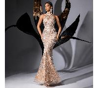 Abito lungo da donna elegante con ricami di perle e paillettes, modello a sirena, senza spalline, primavera/estate, per feste, invitati a matrimoni, cocktail, ballo di fine anno L,M,S,XL,XSColore unic