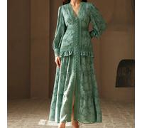 Abito lungo da donna elegante con scollo a V arricciato, maniche a palloncino, vestibilità aderente, in stile francese L,M,S,XLColore unicoTessuto intrecciato