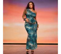 Abito lungo da donna elegante con spalla asimmetrica, arricciato, stampa floreale blu lago, alta elasticità, arricciature, laccio, decorazione a farfalla in metallo, stile sirena, adatto per vacanze, 