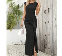 Abito lungo da donna elegante da cerimonia, da cocktail o festa, con scollatura a barca, maniche a campana, volant, spacco e linea sirena, con fascino e linea a pesce, adatto a matrimoni, eventi e com