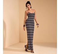 Abito lungo da donna elegante e boho con stampa all-over, spalline a spaghetti e laccio sulla schiena, senza maniche, adatto per l'estate SHEIN X JIAN LASALA SHEIN X potenzia la creatività fornendo a