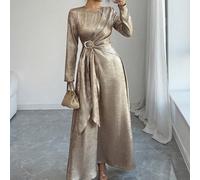 Abito lungo da donna elegante e casual, adatto per pendolarismo, vacanze, pomeriggio del tè e feste, in tessuto metallizzato con collo rotondo, vita annodata e maniche lunghe, adatto per primavera/aut