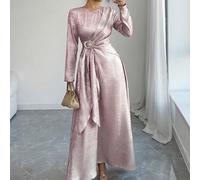 Abito lungo da donna elegante e casual, adatto per pendolarismo, vacanze, pomeriggio del tè e feste, in tessuto metallizzato con collo rotondo, vita annodata e maniche lunghe, adatto per primavera/aut