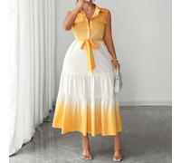 Abito lungo da donna elegante e retrò in stile francese, con sfumatura gialla, senza maniche, a linea A, adatto per l'estate, il ritorno a scuola, le vacanze, la laurea, le festività, San Valentino, i