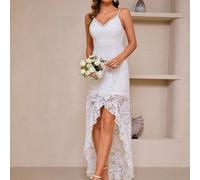 Abito lungo da donna elegante per matrimoni, ospiti, con spalle scoperte, in pizzo, con spacchetto anteriore, abito da sera da cerimonia, bianco, elegante da ballo, adatto per laureati, cene, eleganti