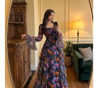 Abito lungo da donna elegante, sexy e moderno, con maniche lunghe, stampa floreale romantica, volant a doppio strato, stampa floreale su tutto il capo, elegante per feste, con dettagli asimmetrici/con