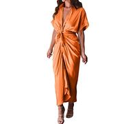 Abito lungo da donna estivo chiffon manica corta temperamento pendolare vita alta abito lungo con bottoni abito bianco stretto, Colore: arancione., M