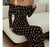 Abito lungo da donna, giovane, alla moda, romantico, elegante, con maniche lunghe, motivo a pois classico, scollo a spalle scoperte, tessitura traforata, design elegante a pois, per la primavera L,M,S