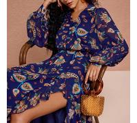 Abito lungo da donna in chiffon con stampa all-over, colletto, scollo incrociato, maniche a palloncino, spacco alto, stile boho, per matrimoni in spiaggia e ospiti SHEIN X JIAN LASALA SHEIN X potenzia