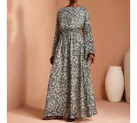 Abito lungo da donna in chiffon con stampa all-over, scollo a barca, vita elastica, maniche a sbuffo, abito lungo con maniche, abito bohémien, abito da matrimonio sulla spiaggia SHEIN X JIAN LASALA SH
