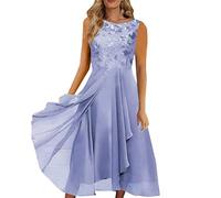 Abito lungo da donna in chiffon, patchwork, scollo rotondo, stampa con paillettes, abito lungo elegante da donna, Blu, S