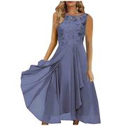 Abito lungo da donna in chiffon, patchwork, scollo rotondo, stampa con paillettes, abito lungo elegante da donna, blu cielo, 3XL