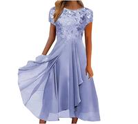 Abito lungo da donna in chiffon, patchwork, scollo rotondo, stampa con paillettes, maxi gonna, Blu, 3XL
