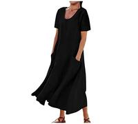 Abito Lungo da Donna in Cotone e Lino Caftano Allentato a Maniche Corte Abito Casual Oversize Elegante Girocollo Maxi Abito Largo con Tasche Vestito da Cocktail Estivo 2025 Offerte di Primavera