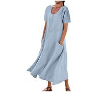 Abito Lungo da Donna in Cotone e Lino Caftano Allentato a Maniche Corte Abito Casual Oversize Elegante Girocollo Maxi Abito Largo con Tasche Vestito da Cocktail Estivo 2025 Offerte di Primavera