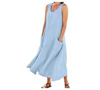 Abito lungo da donna in cotone e lino, senza maniche, scollo rotondo, largo, elegante, boho, da spiaggia, con tasche, leggero, arioso, per il tempo libero, Azzurro, XXL