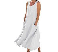 Abito Lungo Da Donna In Cotone E Lino, Tinta Unita, Per Il Tempo Libero, Senza Maniche, Con Tasche, Abito Estivo Casual Lungo Abito Vestitino da Spiaggia Vestito Donna Elegante Curvy (Bianco, L)