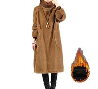 Abito lungo da donna in pile spesso a maniche lunghe, collo alto, casual, alla moda, oversize, tinta unita, caldo, in velluto a coste, tunica midi abito invernale, Marrone, XXL