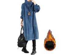 Abito lungo da donna in pile spesso a maniche lunghe, collo alto, casual, alla moda, oversize, tinta unita, caldo, in velluto a coste, tunica midi abito invernale, Blu, XXL