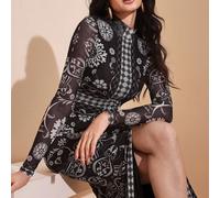 Abito lungo da donna in maglia con stampa all-over, collo alto e maniche lunghe, stile boho per vacanze estive e autunno, elegante per uscite, abito da festa invernale, collezione di abbigliamento di 