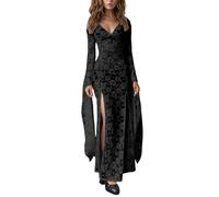 Abito lungo da donna in pizzo trasparente - Abito gotico a maniche lunghe con scollo a V e spacco sulle gambe | Elegante abito da sera in stile alternativo, L