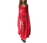 Abito lungo da donna in pizzo trasparente - Abito gotico a maniche lunghe con scollo a V e spacco sulla gamba | Elegante abito da sera in stile alternativo, S