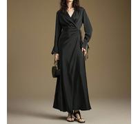 Abito lungo da donna in raso nero lucido, con collo a camicia, scollo a V, design con incrocio in vita, elegante e sofisticato, adatto per abbigliamento casual urbano e business, con tocco di lusso so