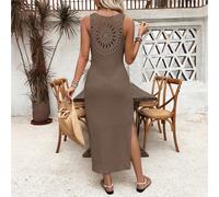 Abito lungo da donna in stile abbozzo con vita sciolta, senza maniche, con pizzo sulla schiena e spacco laterale, abito da vacanza e spiaggia L,M,S,XLColore unicoTessuto in maglia