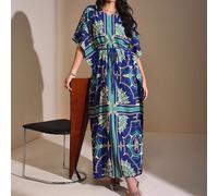 Abito lungo da donna in stile boho con maniche a pipistrello, stampa all-over blu, abito casual da vacanza, abito lungo blu, abito caftan, abito lungo stampato, abito da donna stampato, abito con moti